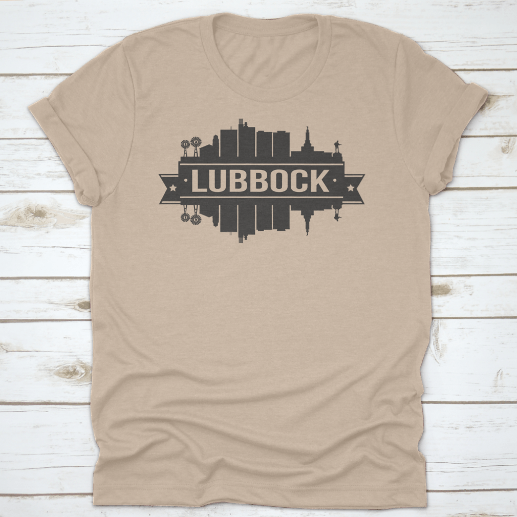 Lubbock Texas skyline silhouette design featuring iconic city landmarks in a stylish vector art format.