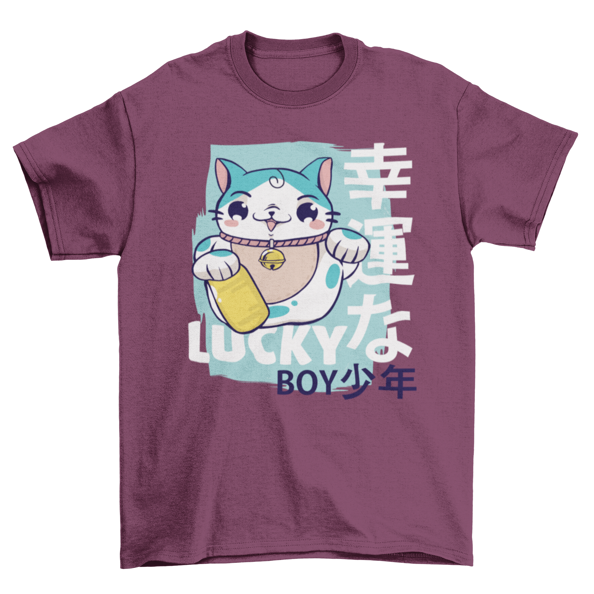 Lucky Boy T-Shirt featuring a Maneki Neko cat illustration with Japanese letters and a playful caption.