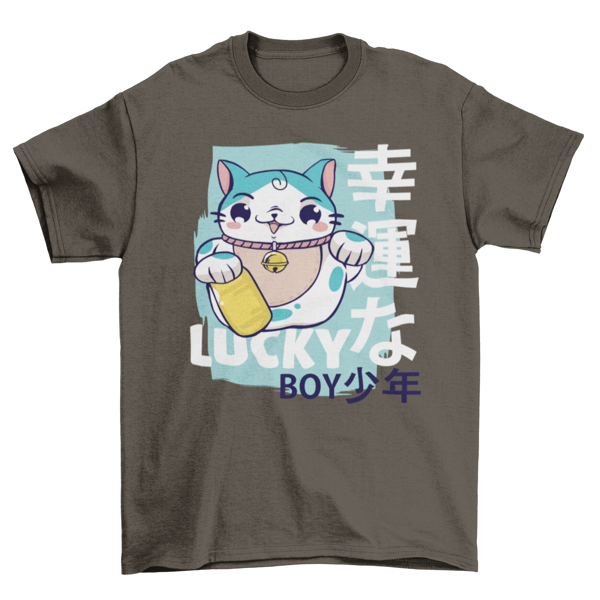 Lucky Boy T-Shirt featuring a Maneki Neko cat illustration with Japanese letters and a playful caption.