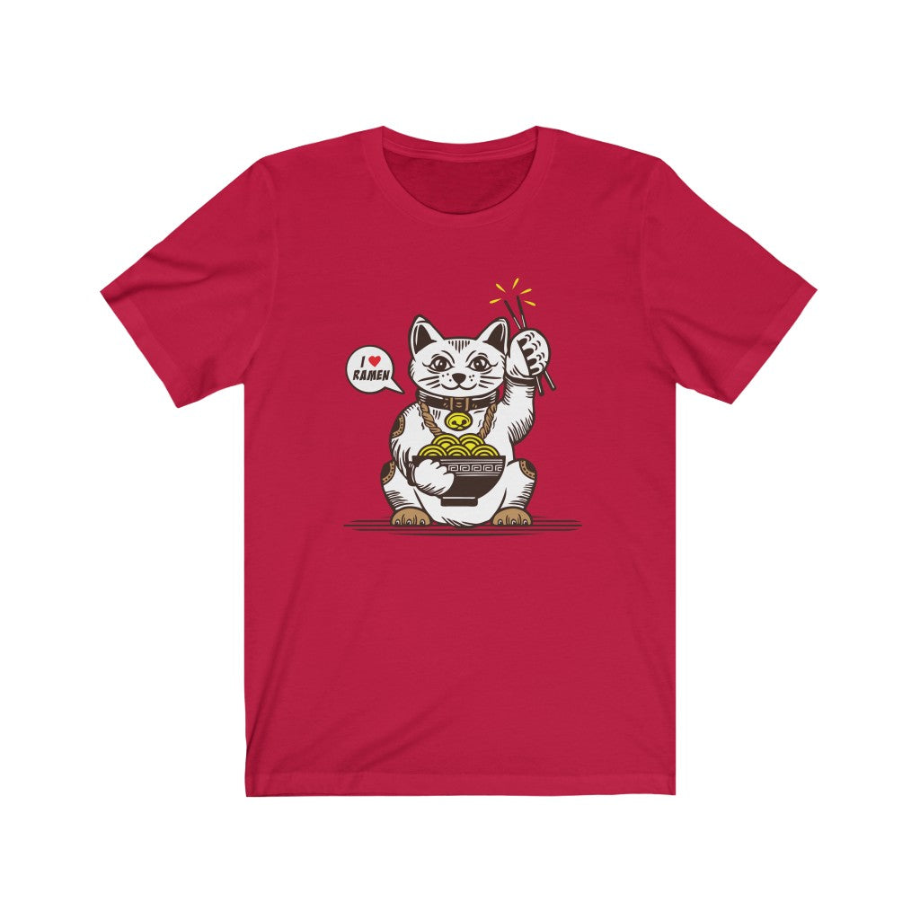 Lucky Cat I Love Ramen T-shirt featuring a cute cat design and vibrant colors, made from 100% soft cotton.