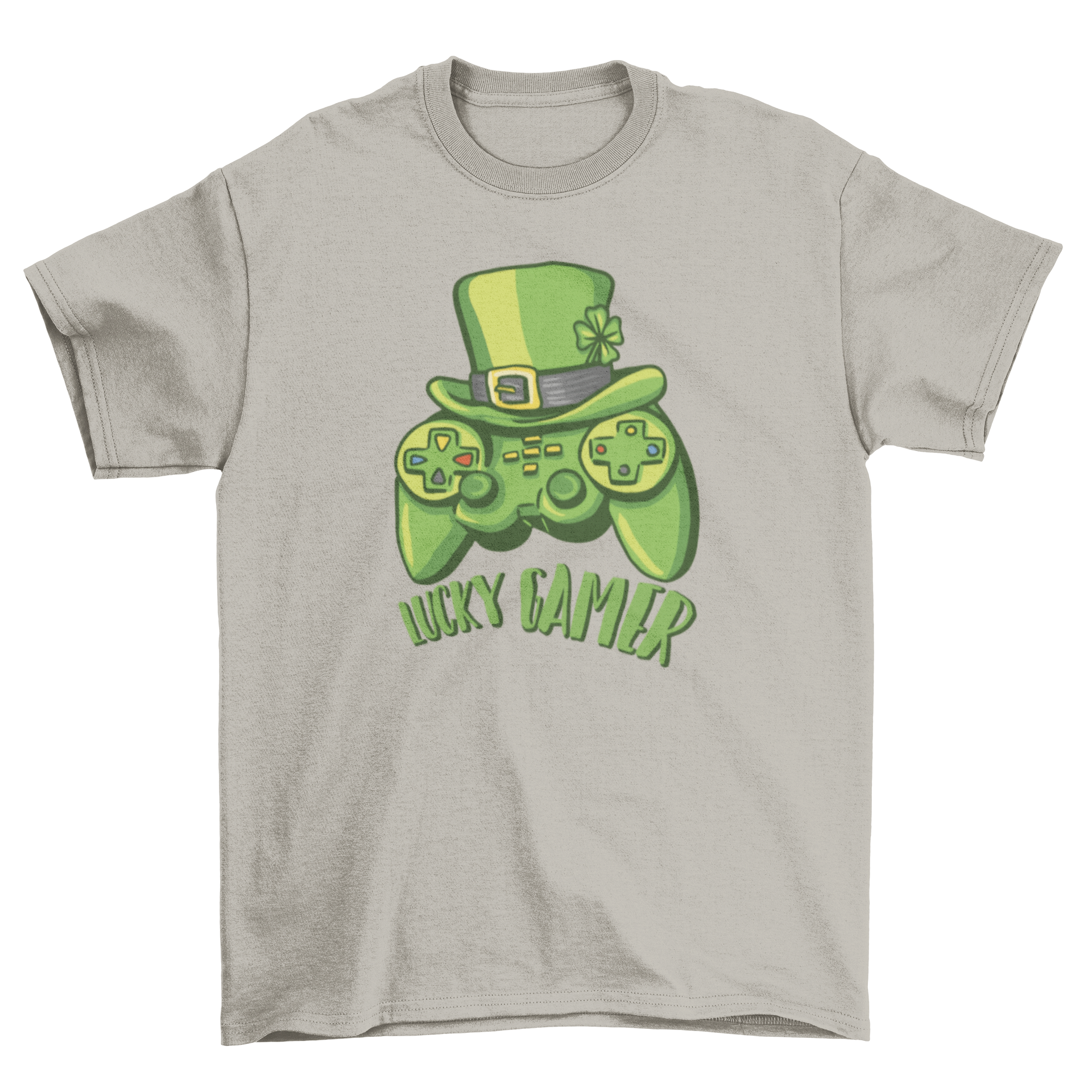 Lucky gamer t-shirt featuring a green joystick and leprechaun hat with the quote 'Lucky gamer'.