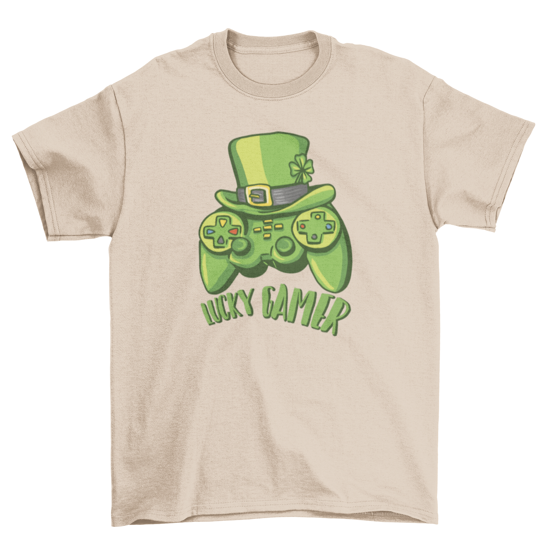 Lucky gamer t-shirt featuring a green joystick and leprechaun hat with the quote 'Lucky gamer'.