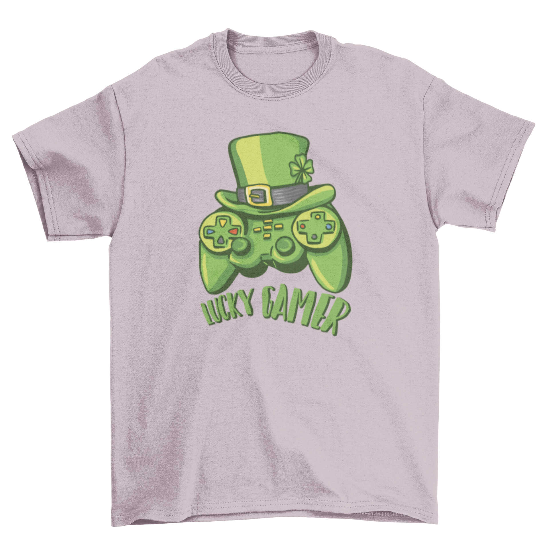Lucky gamer t-shirt featuring a green joystick and leprechaun hat with the quote 'Lucky gamer'.