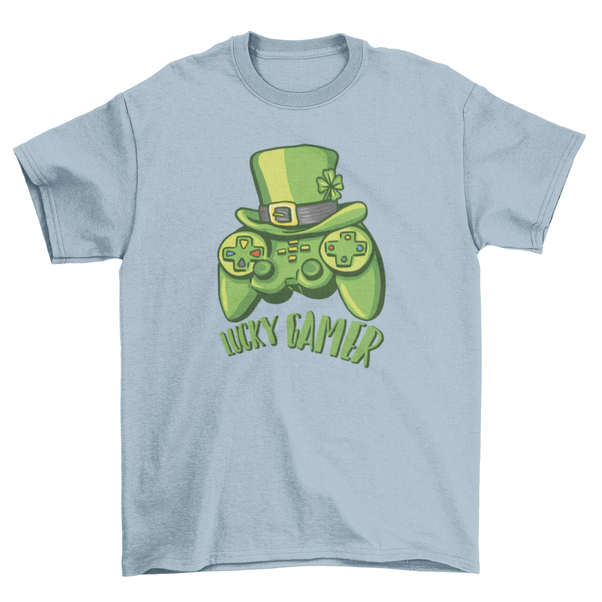 Lucky gamer t-shirt featuring a green joystick and leprechaun hat with the quote 'Lucky gamer'.