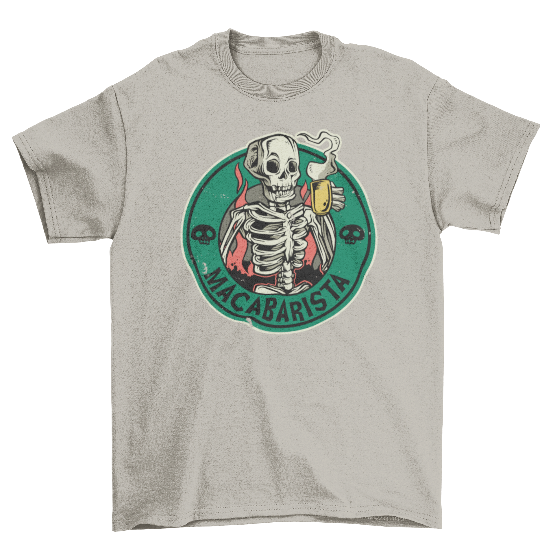 Macabre Barista t-shirt featuring a skeleton drinking coffee with the text 'MACABARISTA'.