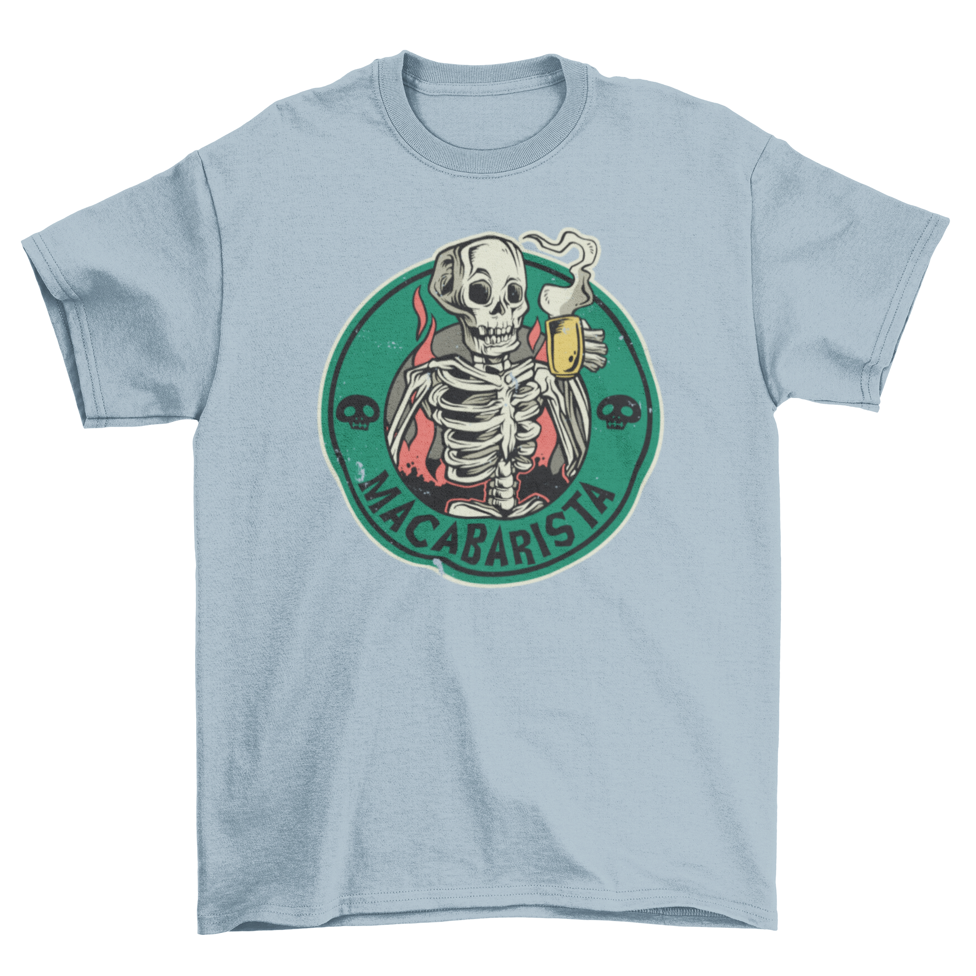 Macabre Barista t-shirt featuring a skeleton drinking coffee with the text 'MACABARISTA'.