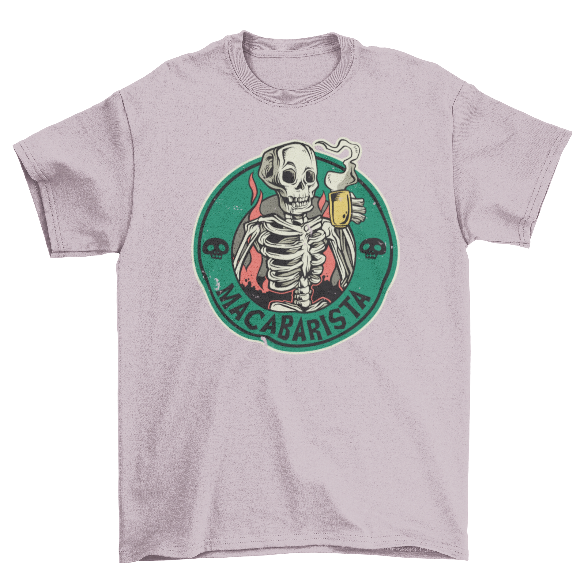 Macabre Barista t-shirt featuring a skeleton drinking coffee with the text 'MACABARISTA'.