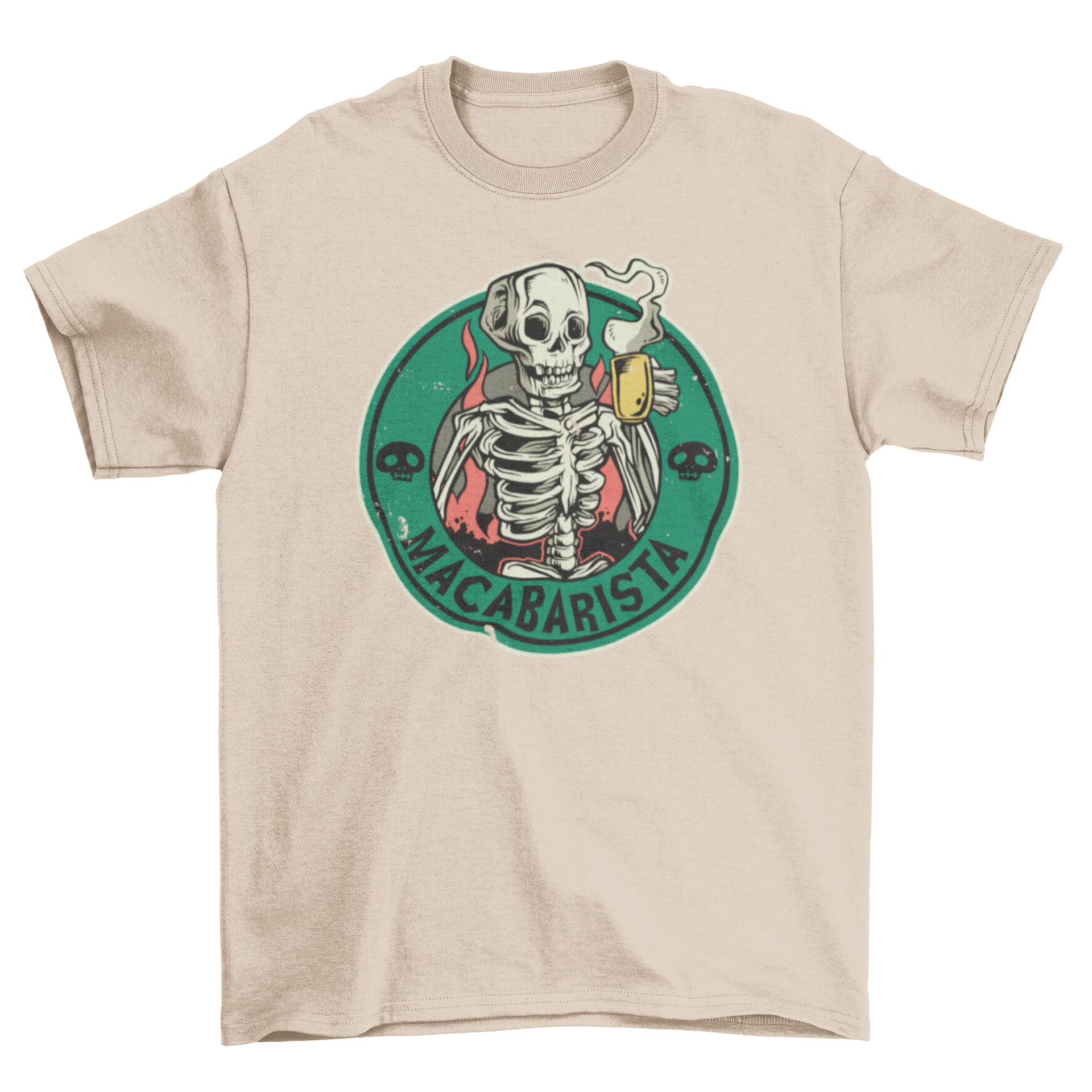 Macabre Barista t-shirt featuring a skeleton drinking coffee with the text 'MACABARISTA'.