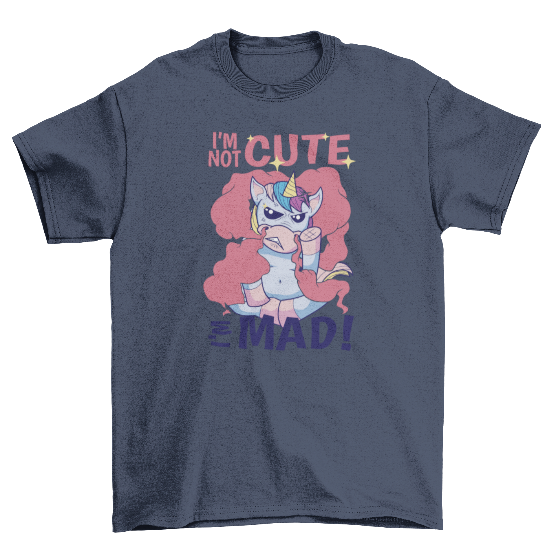 Mad Unicorn t-shirt featuring an angry unicorn graphic and the quote 'I'm not cute, I'm mad!' in vibrant colors.