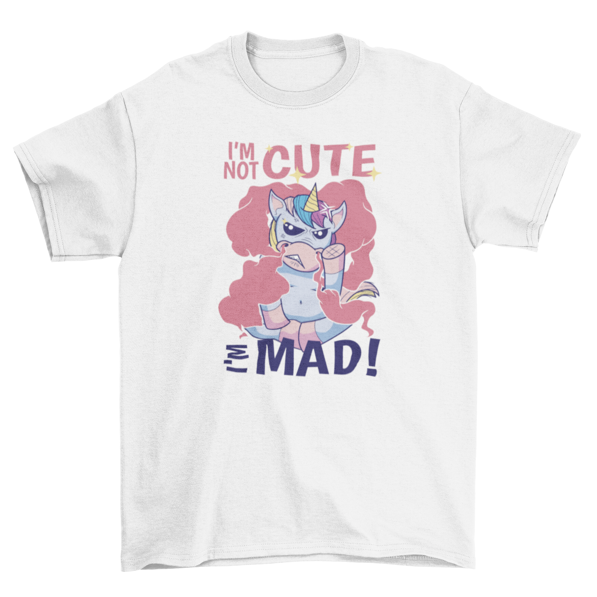 Mad Unicorn t-shirt featuring an angry unicorn graphic and the quote 'I'm not cute, I'm mad!' in vibrant colors.