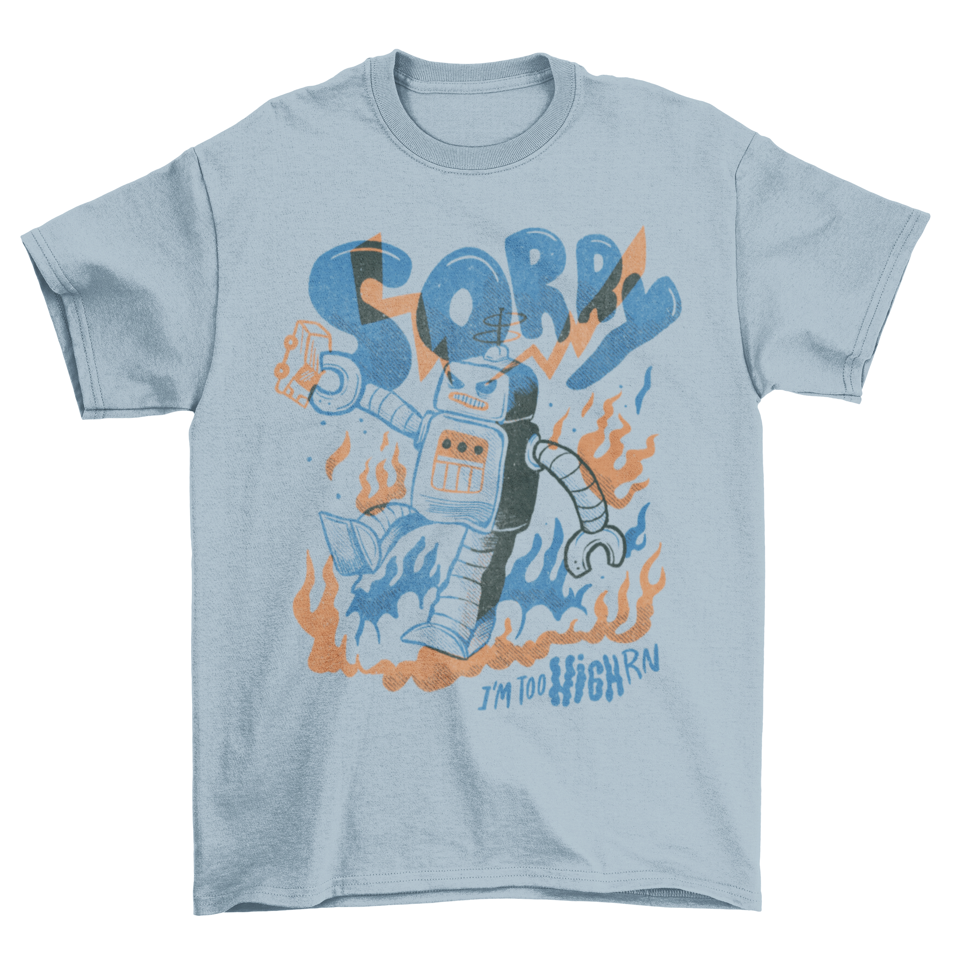 Mad vintage robot t-shirt featuring a robot with flames and a humorous quote.