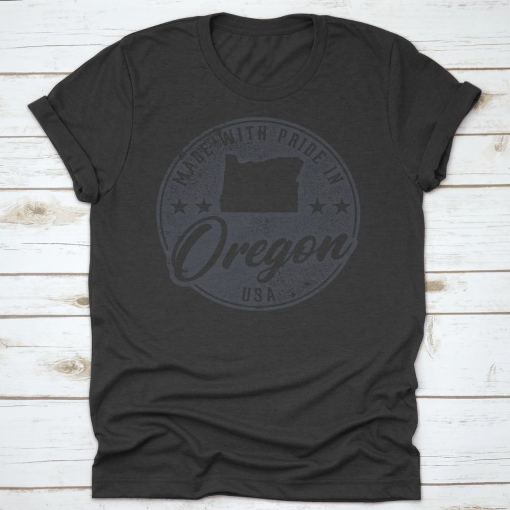 Made In Oregon State Packaging Label showcasing 100% cotton fabric with a classic fit and midweight design.