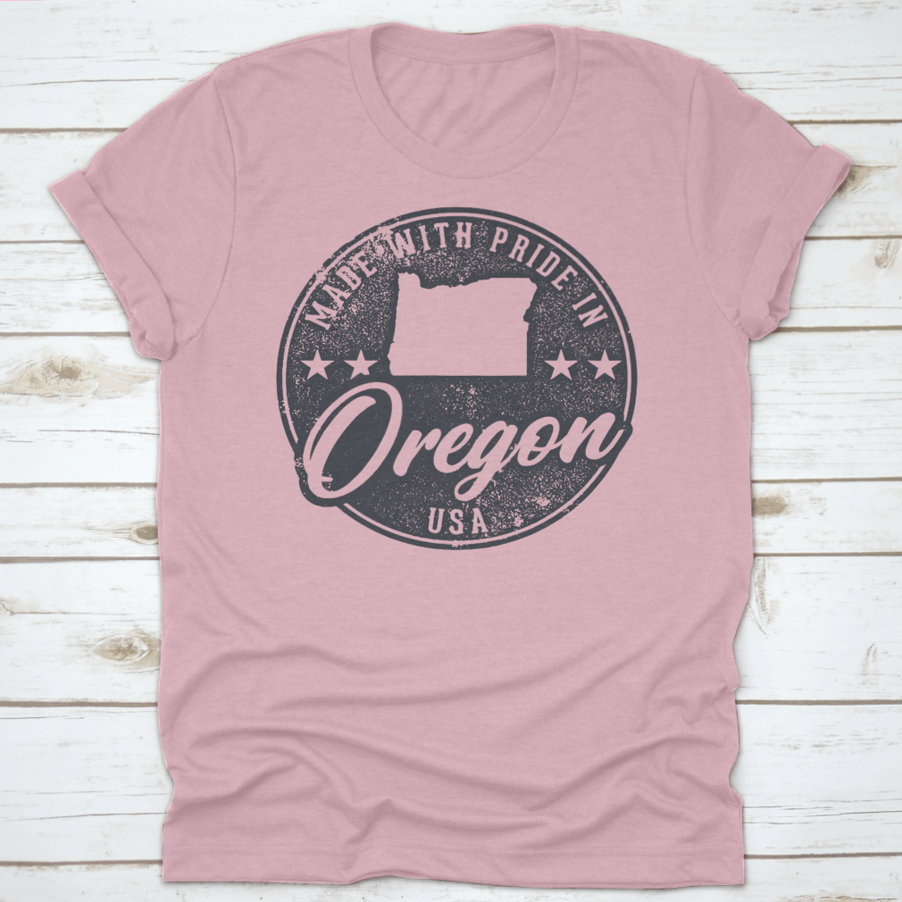 Made In Oregon State Packaging Label showcasing 100% cotton fabric with a classic fit and midweight design.