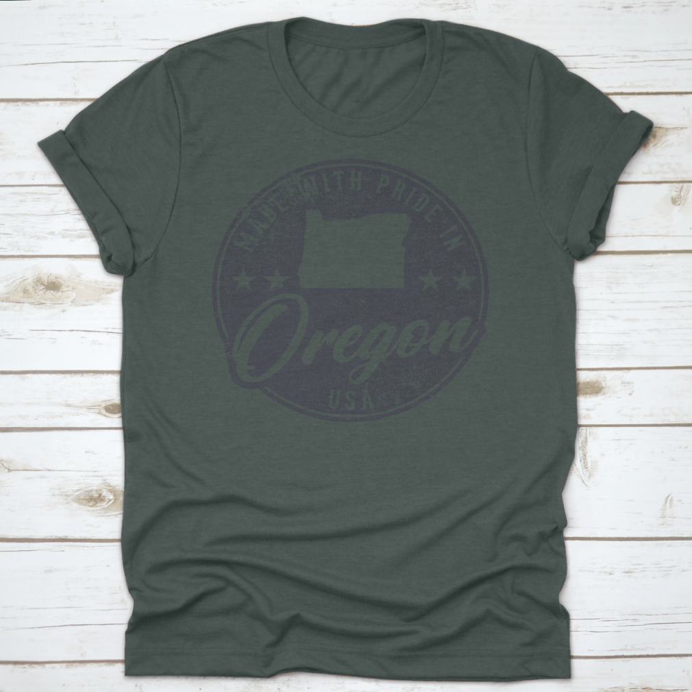 Made In Oregon State Packaging Label showcasing 100% cotton fabric with a classic fit and midweight design.