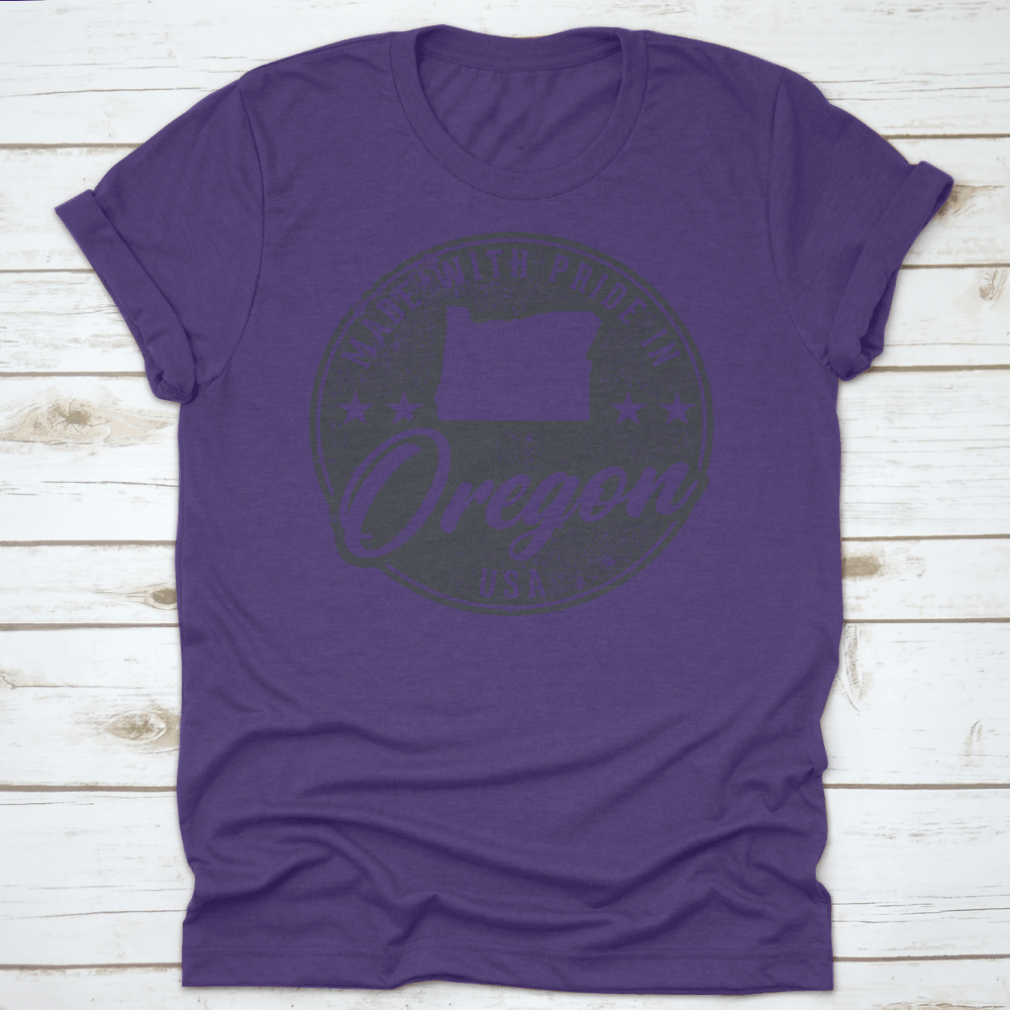 Made In Oregon State Packaging Label showcasing 100% cotton fabric with a classic fit and midweight design.