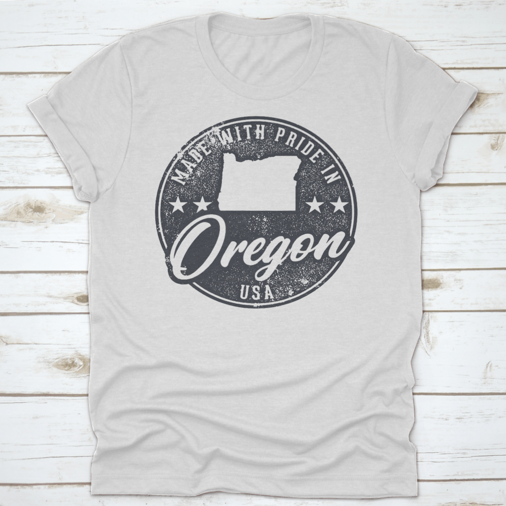 Made In Oregon State Packaging Label showcasing 100% cotton fabric with a classic fit and midweight design.