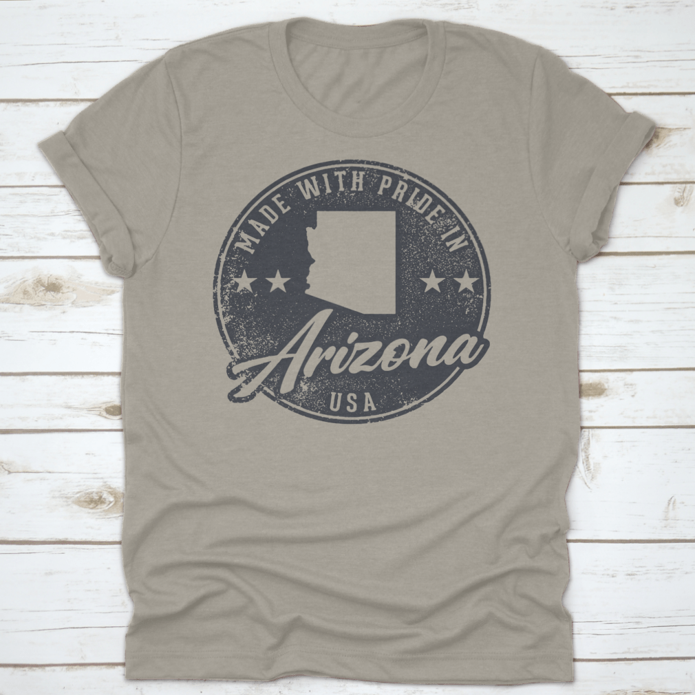 Vintage packaging label stamp featuring a detailed Arizona state map design, made with pride in the USA.