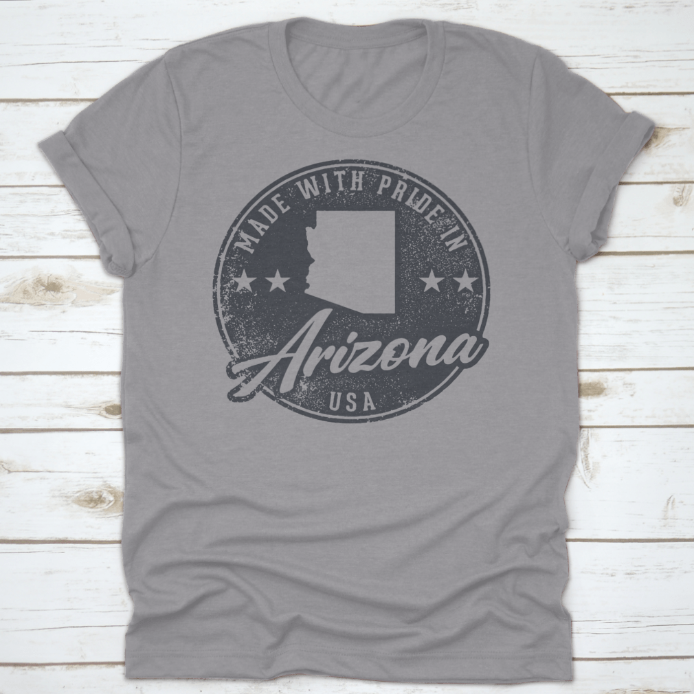 Vintage packaging label stamp featuring a detailed Arizona state map design, made with pride in the USA.