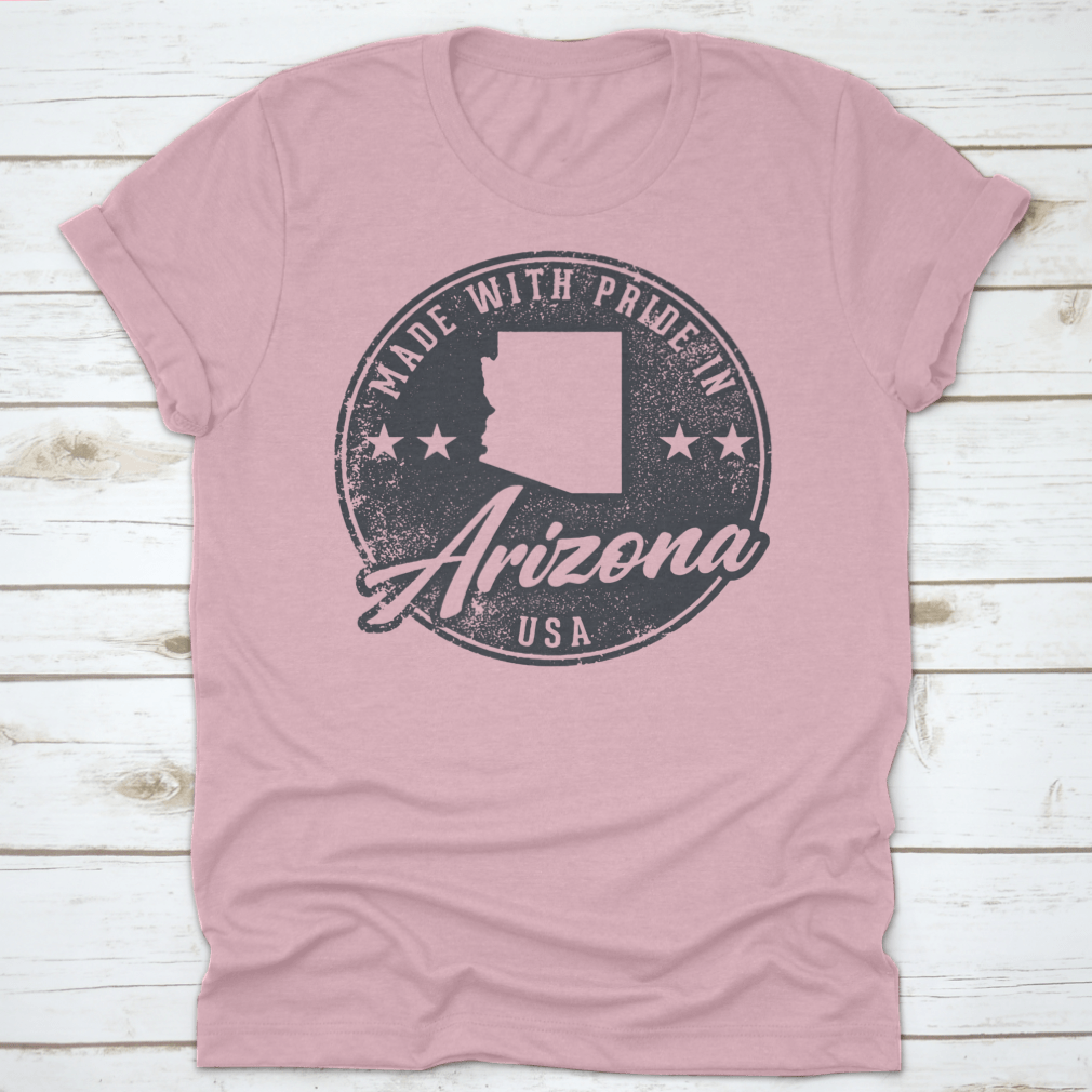 Vintage packaging label stamp featuring a detailed Arizona state map design, made with pride in the USA.