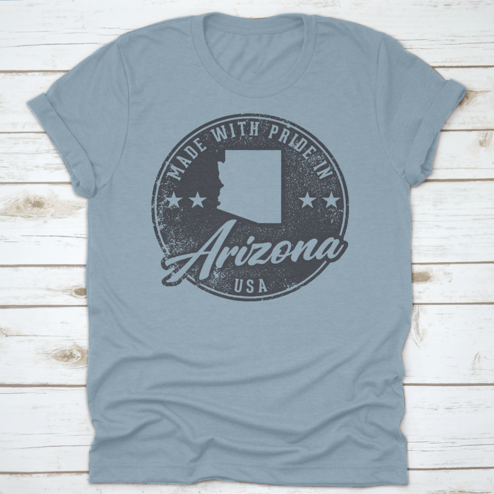 Vintage packaging label stamp featuring a detailed Arizona state map design, made with pride in the USA.