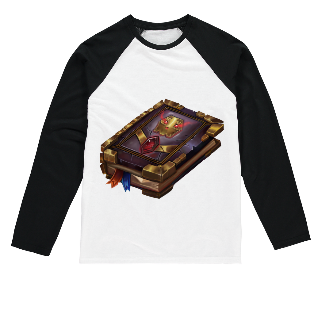Magic Book Sublimation Baseball Long Sleeve T-Shirt featuring vibrant sublimation printing, long sleeves, and a crew neck design.