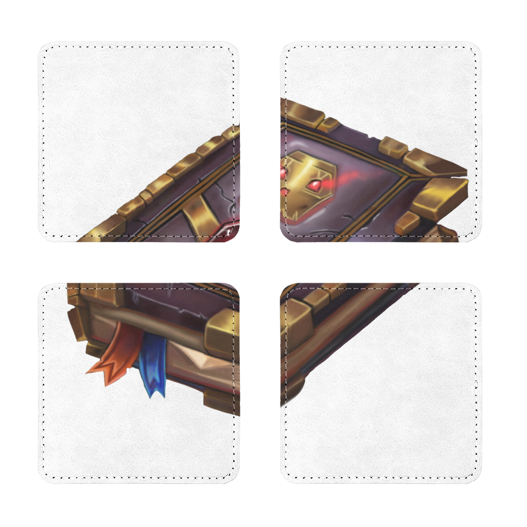 Pack of four Magic Book Sublimation Coasters made from PU leather, featuring square and round shapes with white stitching.