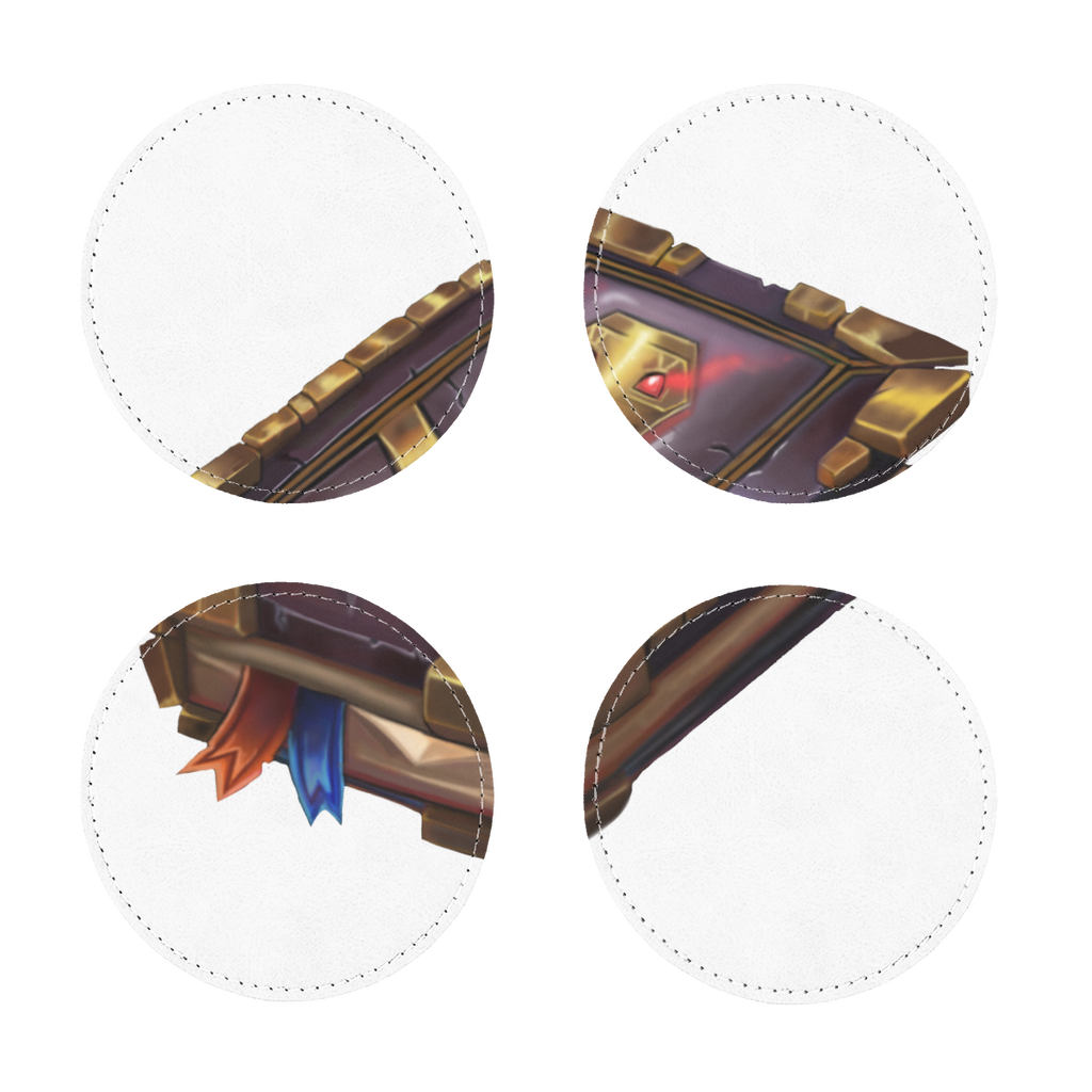 Pack of four Magic Book Sublimation Coasters made from PU leather, featuring square and round shapes with white stitching.