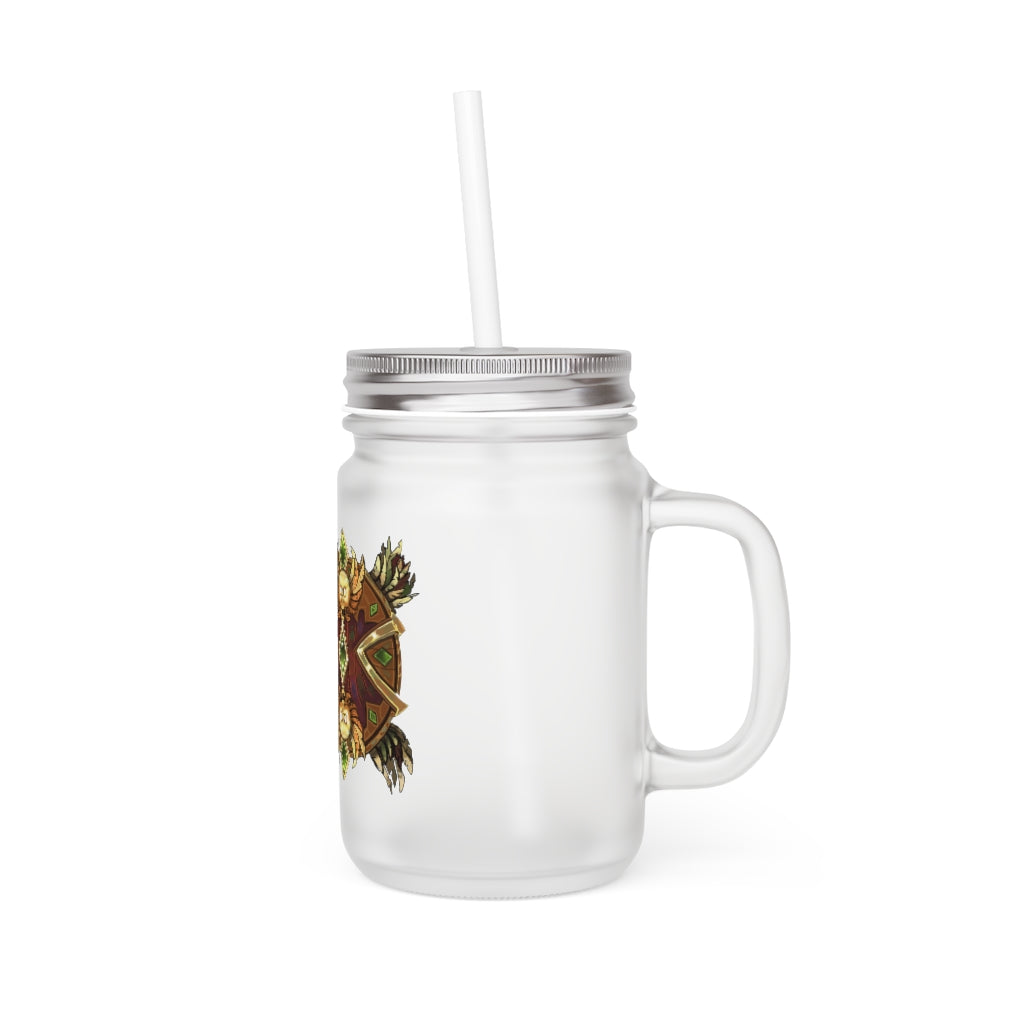 Magic Counter Shield Mason Jar with straw and lid, made of frosted glass, perfect for personalized drinks.