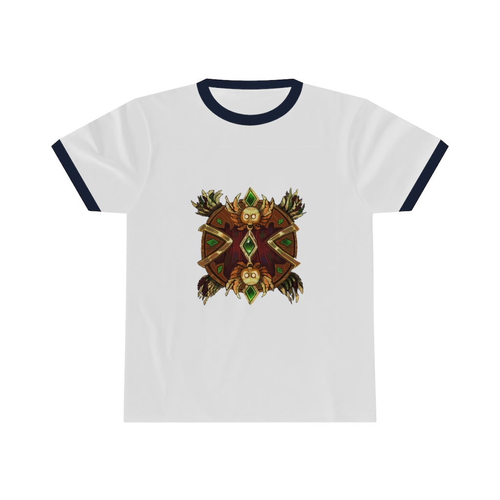 Magic Counter Shield Unisex Ringer Tee in various colors with contrasting neckline, showcasing its lightweight fabric and stylish design.