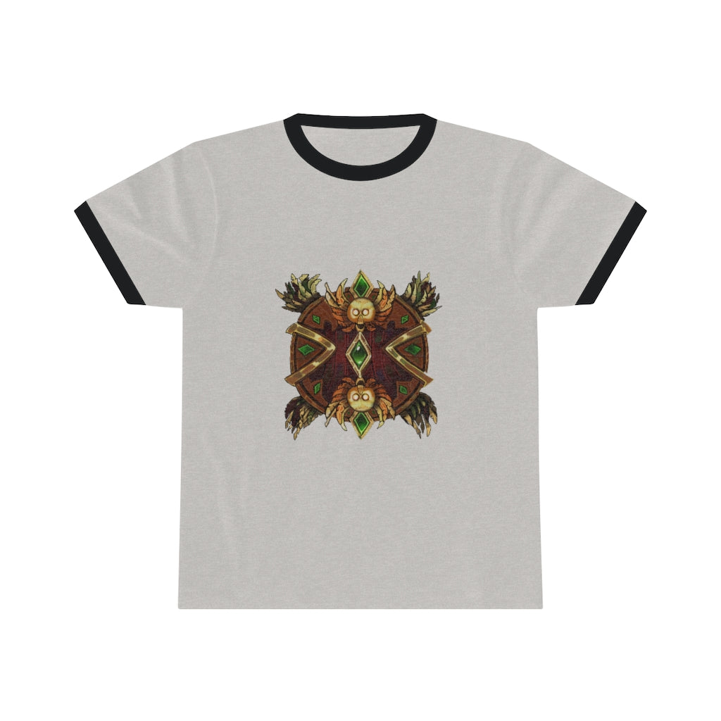 Magic Counter Shield Unisex Ringer Tee in various colors with contrasting neckline, showcasing its lightweight fabric and stylish design.