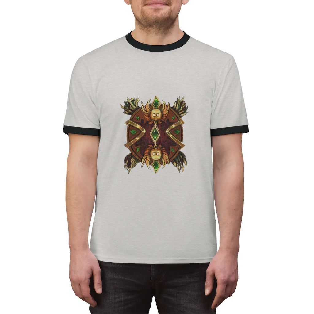 Magic Counter Shield Unisex Ringer Tee in various colors with contrasting neckline, showcasing its lightweight fabric and stylish design.
