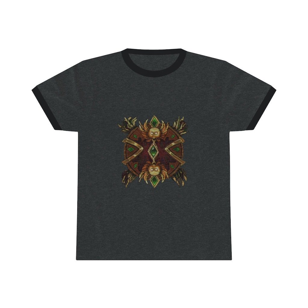 Magic Counter Shield Unisex Ringer Tee in various colors with contrasting neckline, showcasing its lightweight fabric and stylish design.