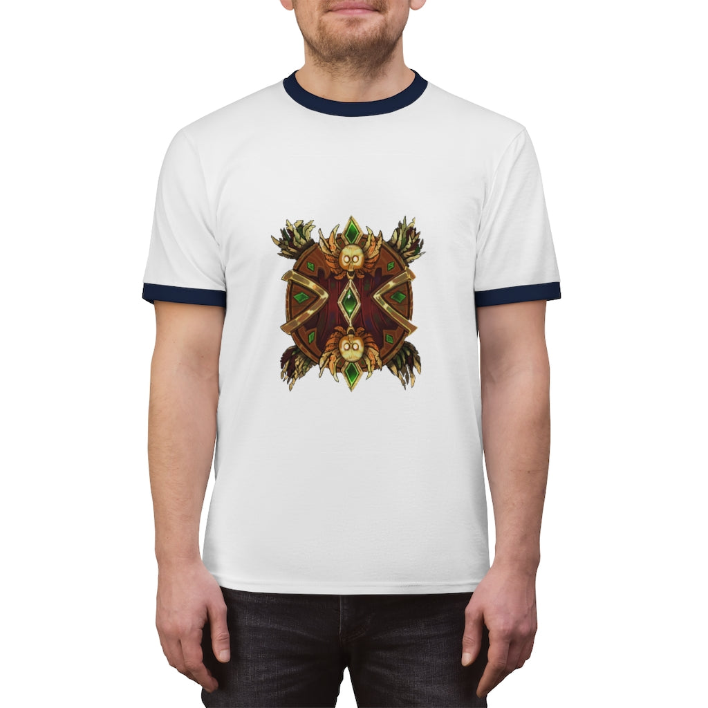 Magic Counter Shield Unisex Ringer Tee in various colors with contrasting neckline, showcasing its lightweight fabric and stylish design.