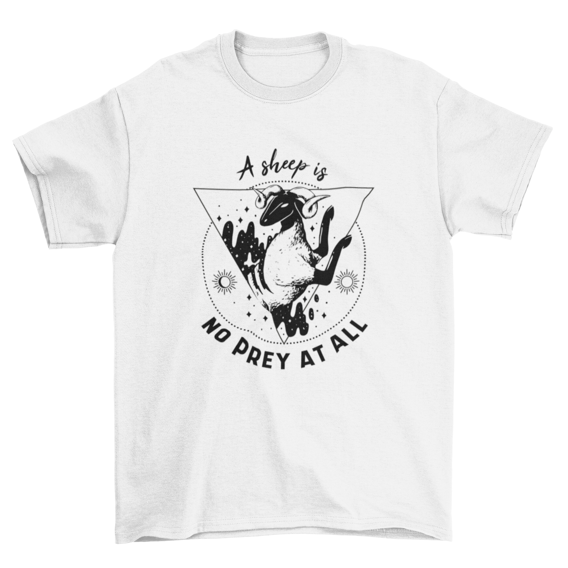 A stylish t-shirt featuring a whimsical sheep design and the quote 'A sheep is no prey at all', perfect for animal lovers.