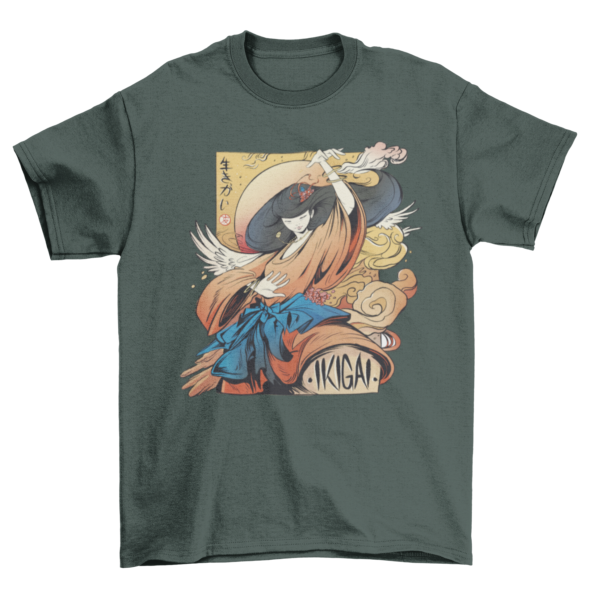 A stylish t-shirt featuring a girl symbolizing Ikigai, the Japanese concept of purpose and reason for living, designed for comfort and inspiration.