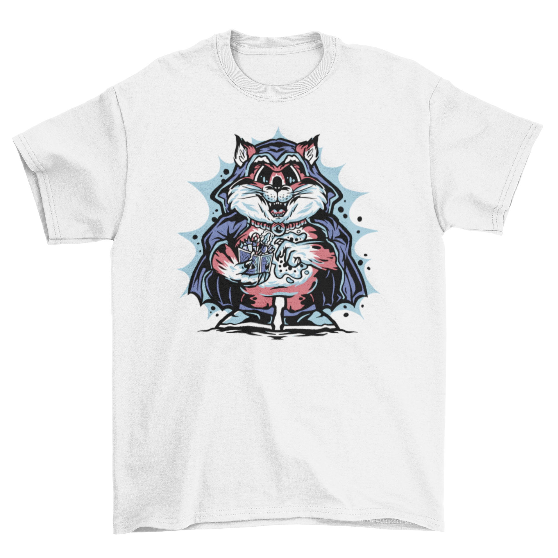 A whimsical t-shirt featuring a wizard fox holding a box of colorful candy, perfect for animal lovers.