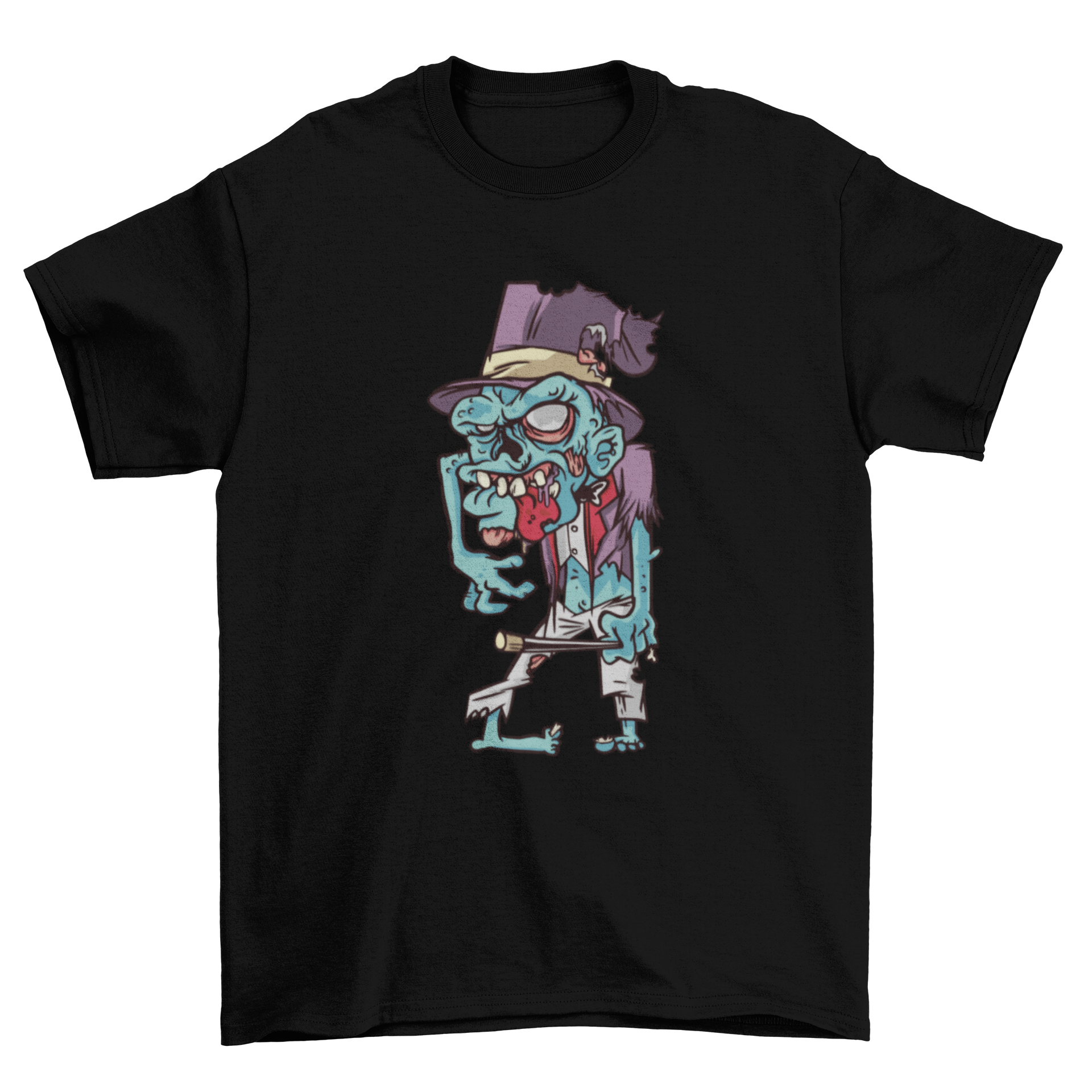 A stylish t-shirt featuring a colorful illustration of a magician zombie, showcasing a whimsical blend of magic and horror.