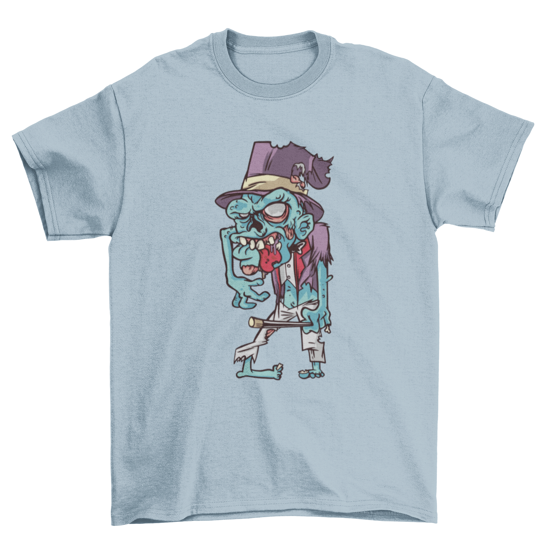 A stylish t-shirt featuring a colorful illustration of a magician zombie, showcasing a whimsical blend of magic and horror.