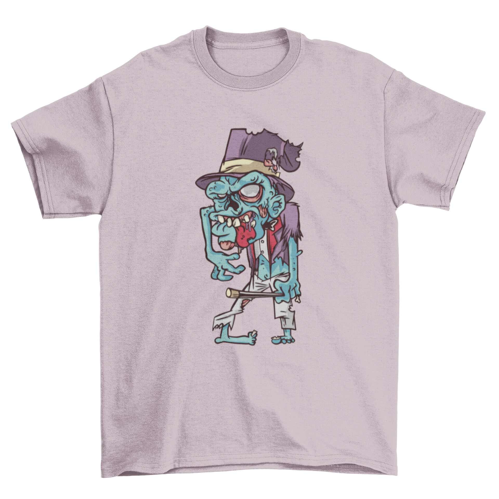 A stylish t-shirt featuring a colorful illustration of a magician zombie, showcasing a whimsical blend of magic and horror.