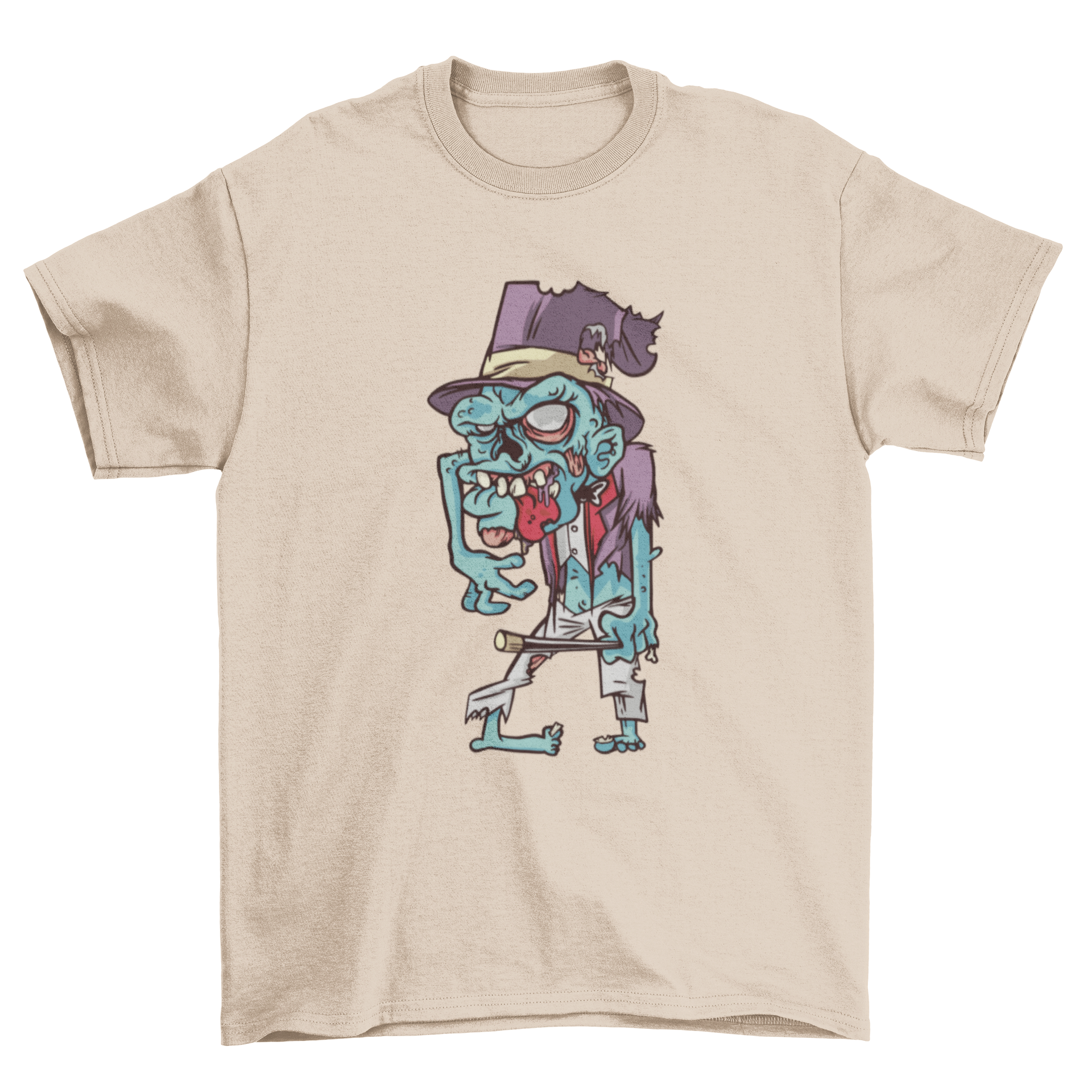 A stylish t-shirt featuring a colorful illustration of a magician zombie, showcasing a whimsical blend of magic and horror.