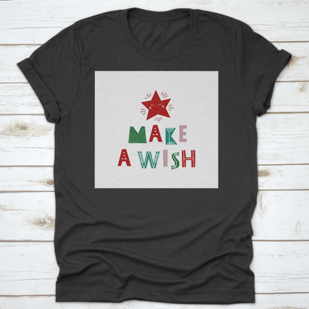 Hand drawn Christmas typography poster featuring the phrase 'Make A Wish' with festive decorations, printed on high-quality cotton.