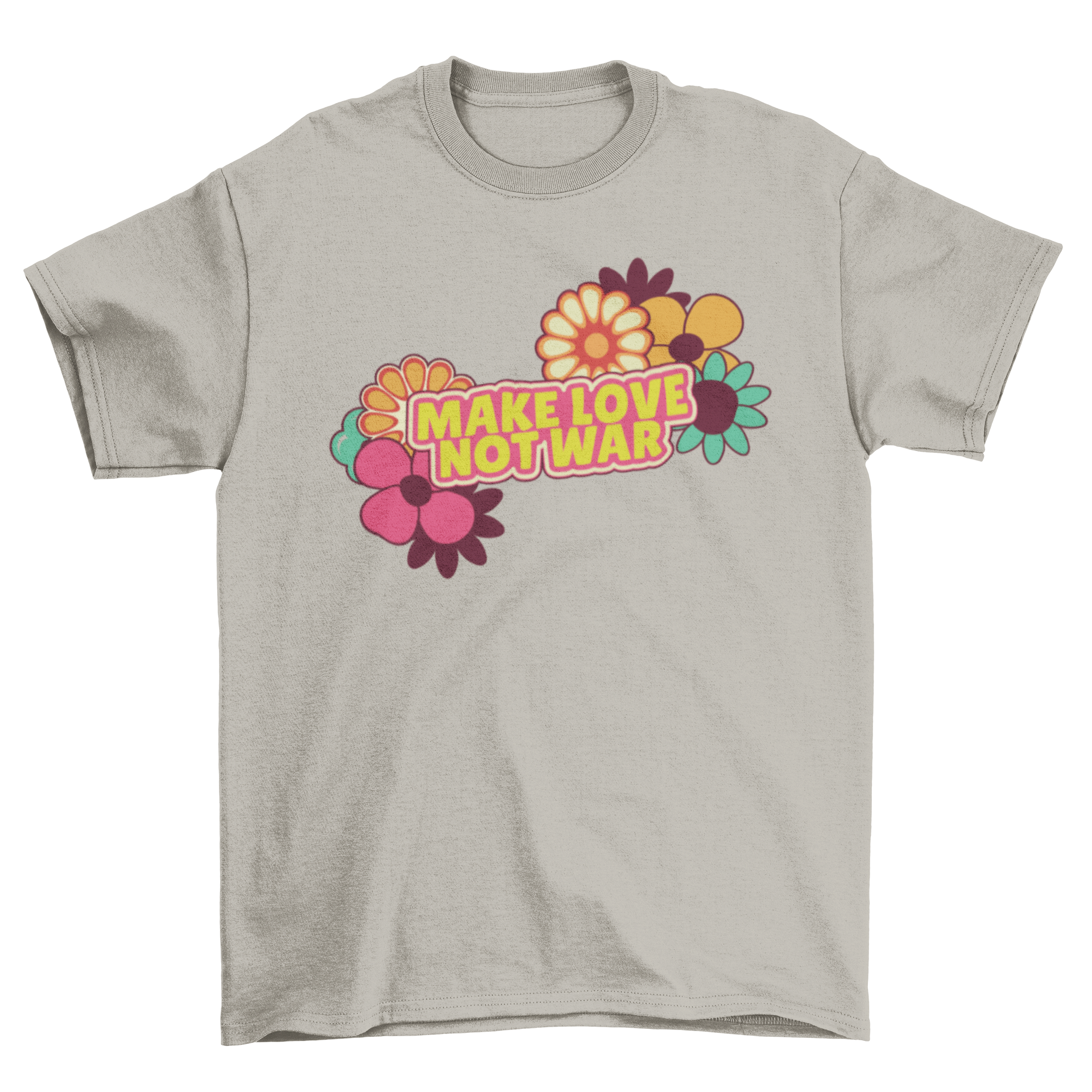 Make Love Not War T-Shirt featuring colorful hippie design with flowers and bold text.
