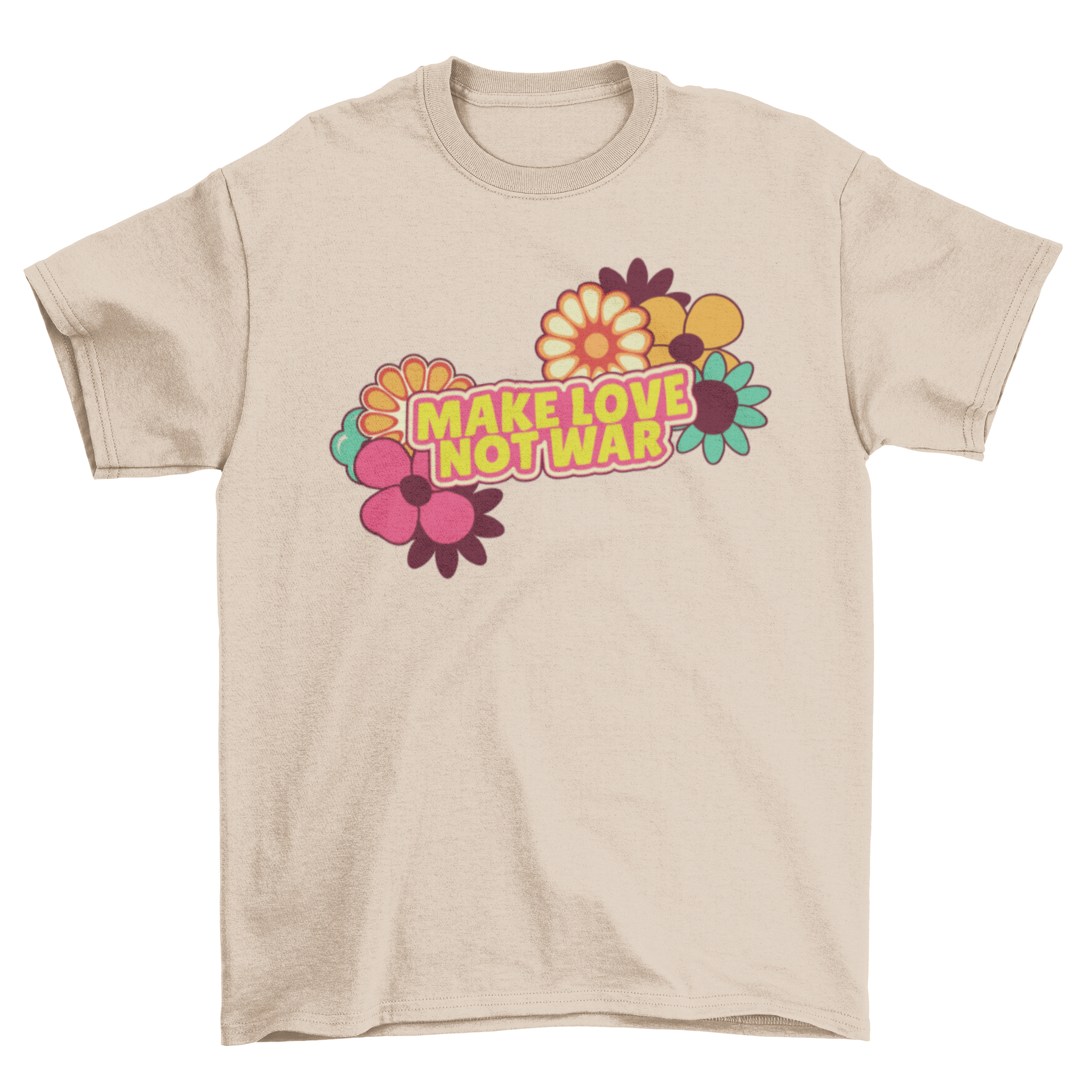 Make Love Not War T-Shirt featuring colorful hippie design with flowers and bold text.