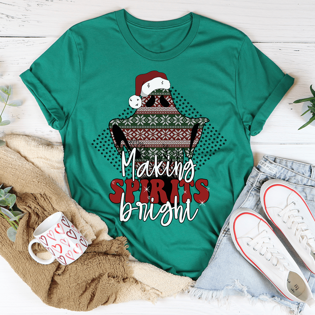 A festive Making Spirits Bright Tee featuring a vibrant Christmas-themed design, made from 100% soft cotton, perfect for holiday celebrations.