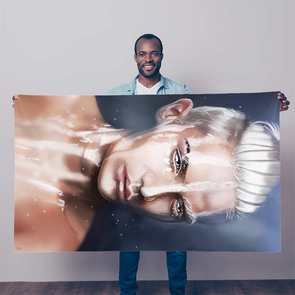 Male Painting Sublimation Flag, 5FT X 3FT, vibrant colors on durable polyester fabric with double-stitched edges and eyelets for hanging.