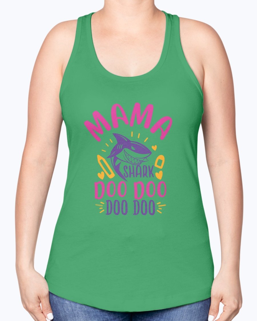 Mama Shark Doo Doo Doo Racerback Tank featuring a playful design, perfect for kids' school wear.