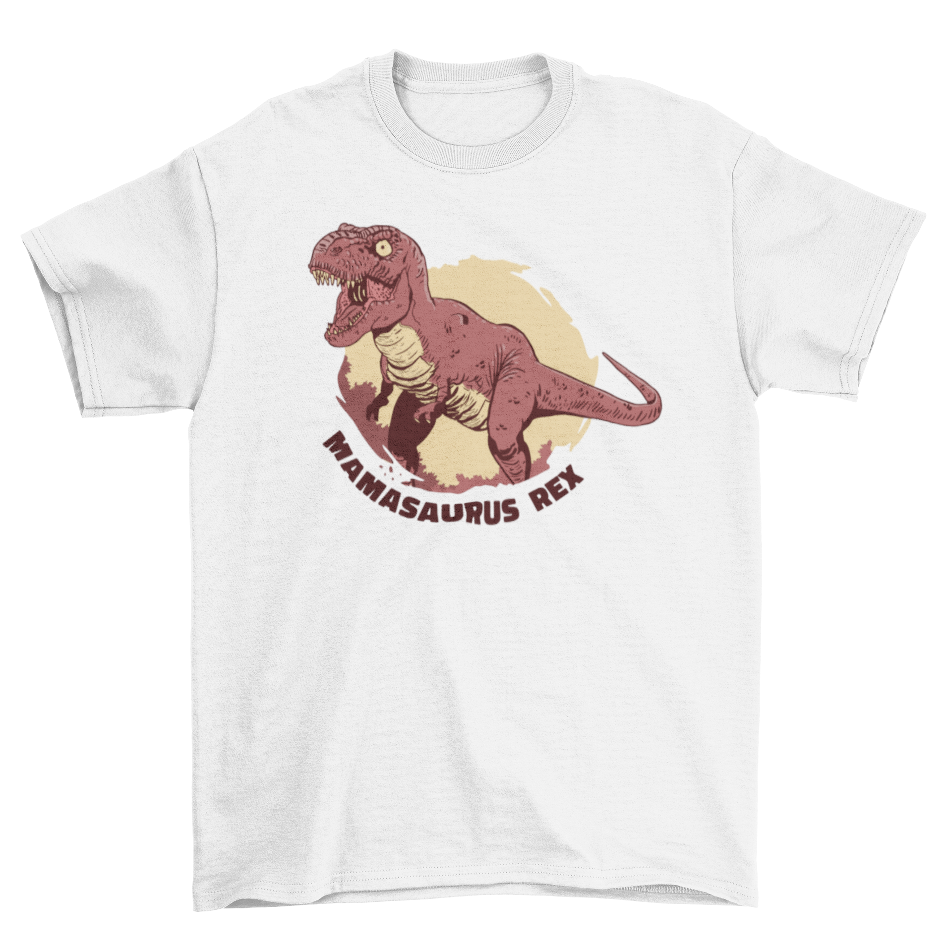 Mamasaurus rex t-shirt featuring an angry T-rex graphic and playful caption.