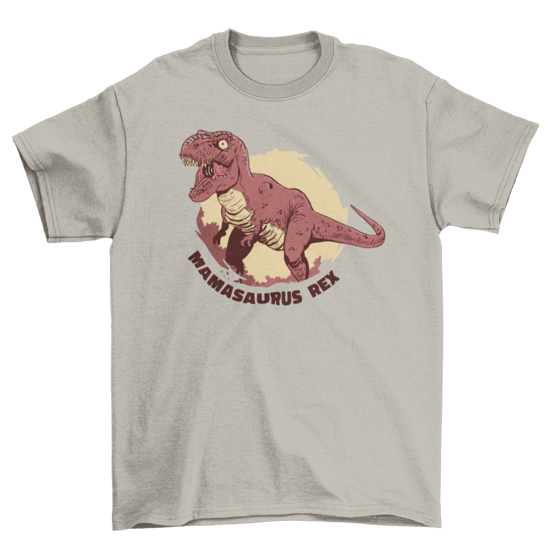 Mamasaurus rex t-shirt featuring an angry T-rex graphic and playful caption.