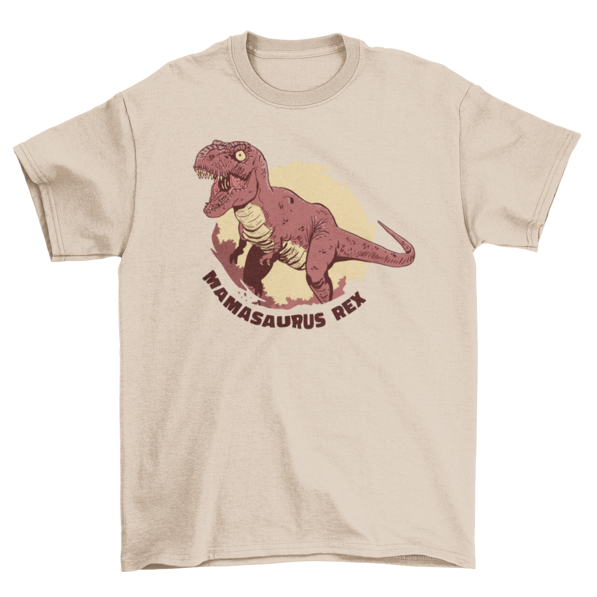 Mamasaurus rex t-shirt featuring an angry T-rex graphic and playful caption.