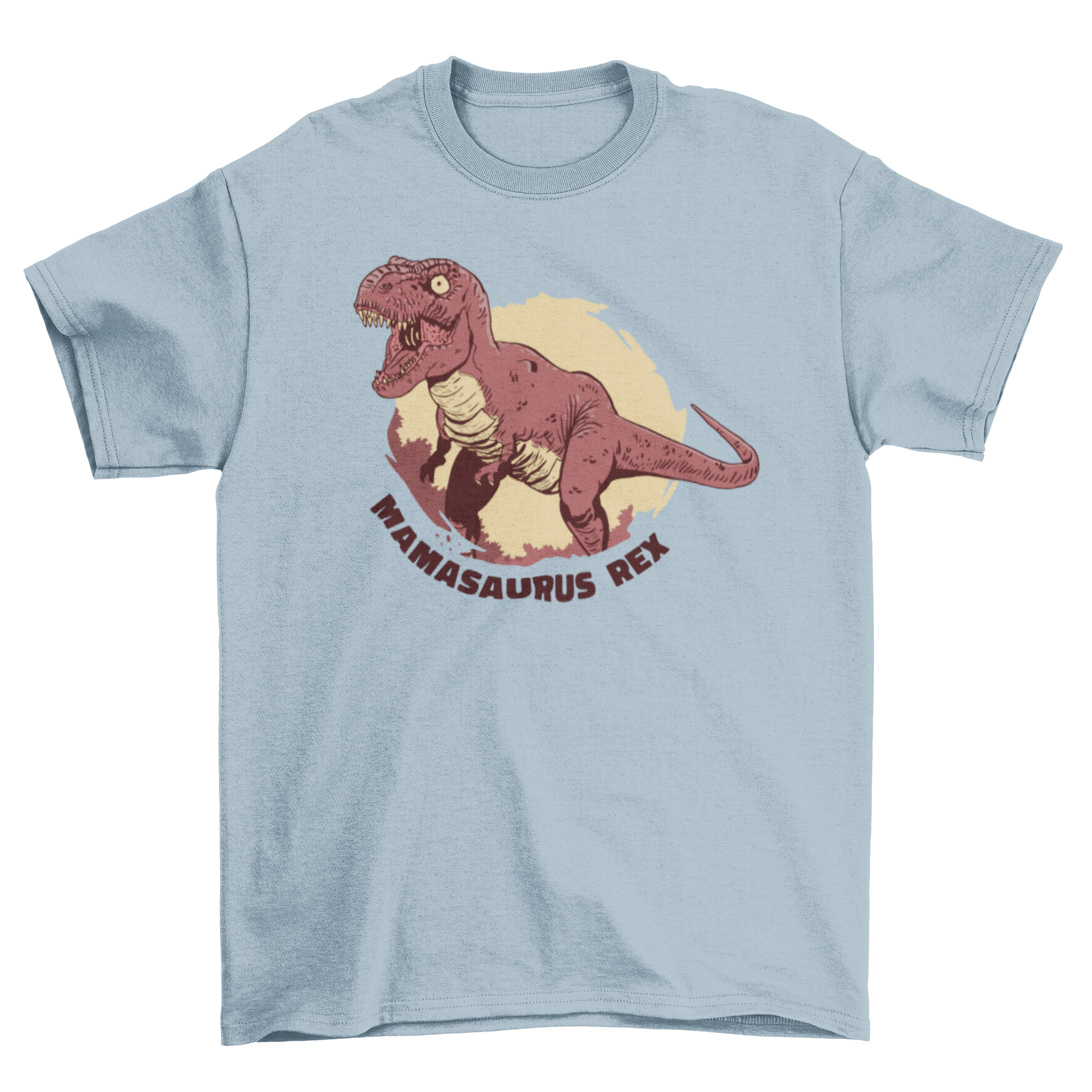 Mamasaurus rex t-shirt featuring an angry T-rex graphic and playful caption.